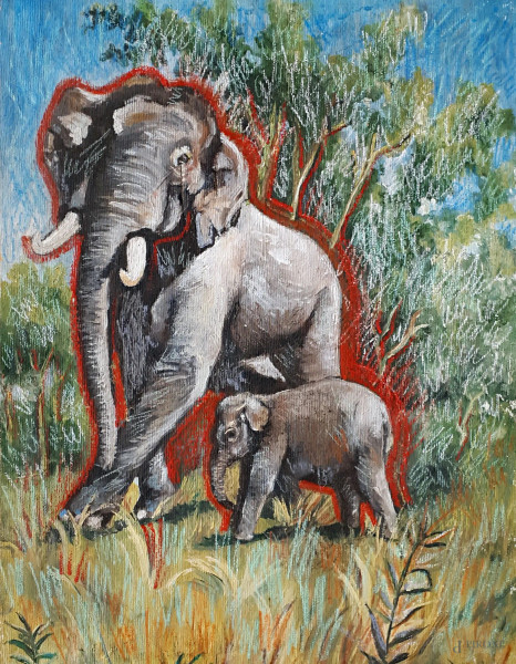 Gregor Mambawa (XX sec.) Mamma con cucciolo di elefante, tecnica mista su tela, cm 29x37, firma al retro