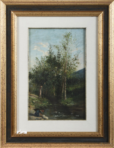 Paesaggio con alberi, XX secolo, olio su tela, cm 44x28, entro cornice, (segni di usura, abrasioni, graffi, segni di battitura del telaio, piccole cadute di colore)