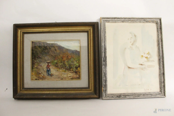 Lotto composto da due dipinti raffiguranti contadina sul sentiero,olio su tavola 29x23 e donna seduta, acquarello su carta, cm, 32x43 firmato Martelli, entro cornici