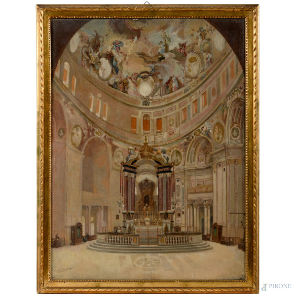 Interno di chiesa del quartiere di Parma, XIX-XX secolo, olio su tela, cm 80x60, firmato in basso a sinistra, entro cornice