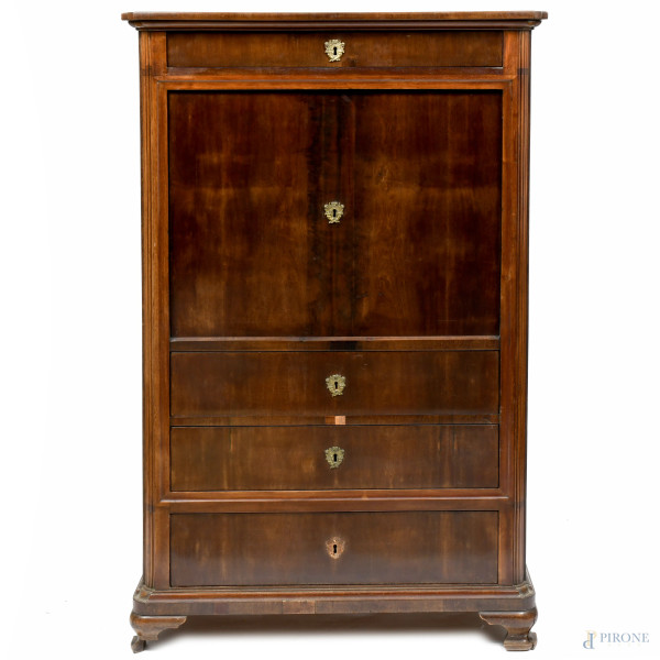 Secretaire impiallacciato in mogano, XX secolo, cm 150x91x45, (segni di usura, scalfiture, difetti, rotture)