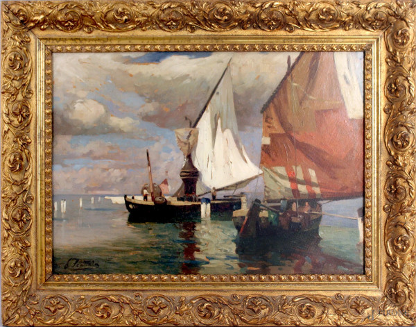 Venezia con imbarcazione, olio su cartone, cm 47x66, firmato entro cornice.
