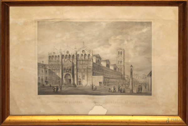 Duomo di Ferrara, antica stampa, cm 27x38, entro cornice, (difetti).