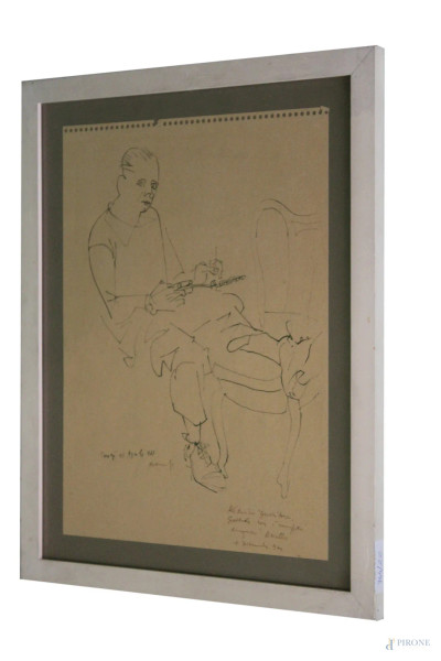 Ritratto d'uomo, disegno a china su carta, 32x23 cm, entro cornice firmato.