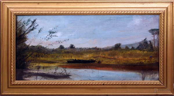 Paesaggio fluviale, olio su cartone, cm 30x63, firmato G. Costa, entro cornice.