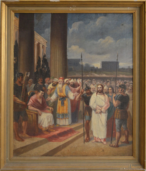 Scena romana, dipinto dell&#39;800 ad olio su tela, 66x80 cm, entro cornice.