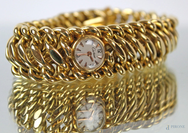 Cartier, orologio da polso, da donna, in oro giallo 750 ct, punzoni Cartier, gr. 93, (meccanismo da revisionare)