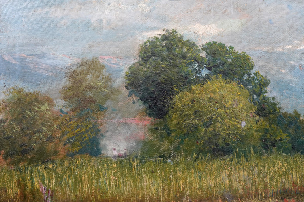 Paesaggio, olio su tela riportata su cartone, firmato, cm 28,5x56, entro cornice
