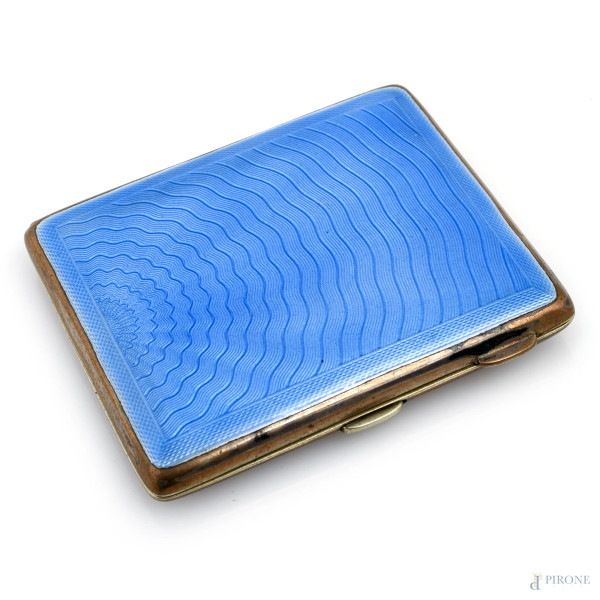 Portasigarette in metallo con coperchio smaltato nei toni dell'azzurro, XX secolo, cm 8,5x7,5