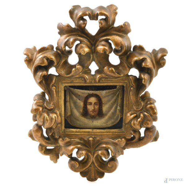 Velo della Veronica, XIX secolo, olio su tavoletta, cm 6x7,5, entro cornice, (lievi segni di usura)
