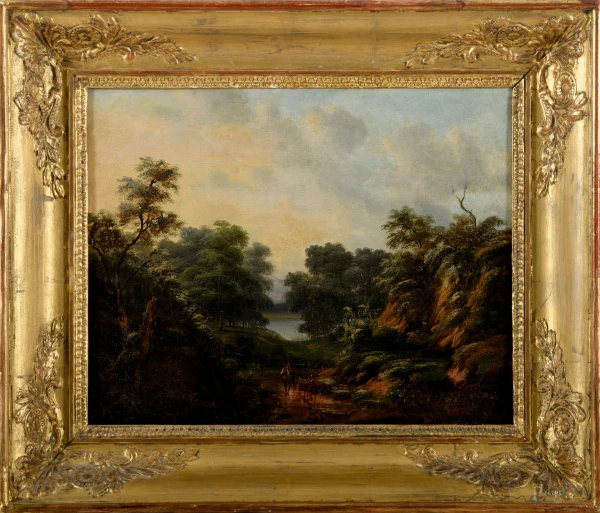 Pittore del XIX secolo, Paesaggio con pastore e armenti, olio su tela, cm 32x39 entro cornice, (difetti)