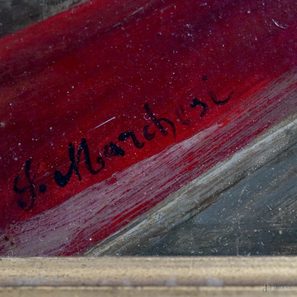 Interno di chiesa, olio su faesite, firmato, cm 33,5x25, entro cornice