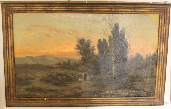 Paesaggio con ragazza e oca, olio su tela, inizi XIX sec., cm 60 x 100, entro cornice.
