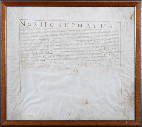 Antico diploma di laurea in Medicina, XVIII secolo, cm 66x74, entro cornice, (Segni di usura, tracce di umidità, segni di piegatura, consunzione, difetti)