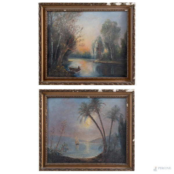 Lotto di due dipinti raffiguranti paesaggio, XX secolo, olio su tela, cm 61x73, (segni di usura, abrasioni, cadute di colore, difetti)