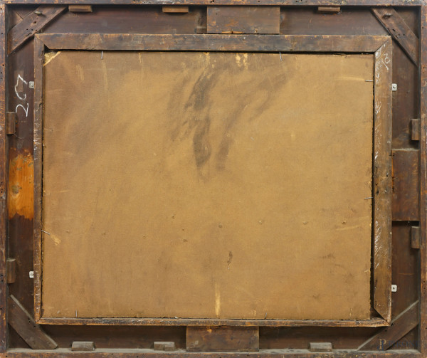 Natura morta con cacciagione, olio su tela applicata su cartone, XIX secolo, cm 82.5x100.5, entro...