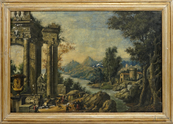 Pittore del XX secolo, Paesaggio fluviale con rovine, olio su tela, cm 52x76, entro cornice (cadute di colore)