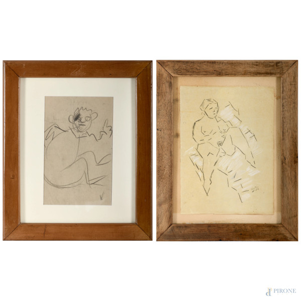 Lotto composto da 2 bozzetti a grafite su carta, XX secolo, rispettivamente iscritti "G.T. XVI" e "V.", misure massime cm 33,5x26,5 compreso passepartout, entro cornice, (difetti)