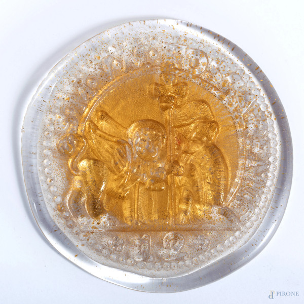 Barovier &  Toso, Riproduzione della " 12 denari" in vetro dorato a fuoco con foglia d'oro a 24 kt, diametro cm 10