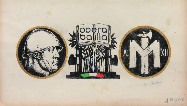 Duilio  Bottari - Propaganda fascista - Opera Balilla, tempera su carta, cm 44x24, firmato, entro cornice
