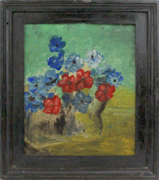Vaso con fiori, olio su compensato, cm. 24,5x21, XX secolo, entro cornice.