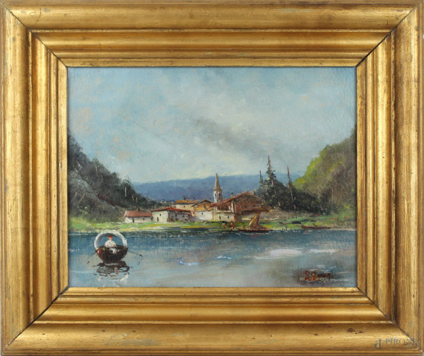 Scorcio di lago con paese ed imbarcazioni, olio su cartone telato, cm 30x40