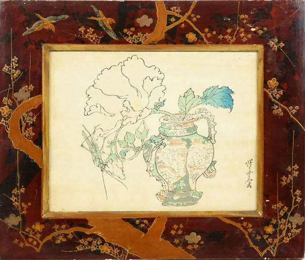 Kanawabe Kyosai - Vaso di fiori, multiplo su carta, cm 20x25,   Giappone, entro cornice.