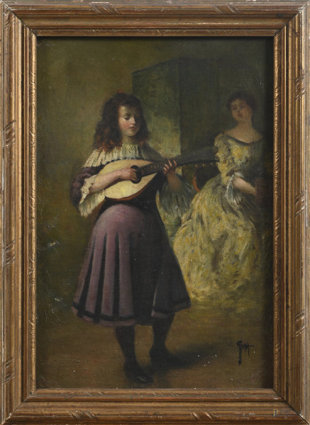 Il concerto, XX secolo, olio su tela applicata su tavoletta, cm 39,5x26, firmato in basso a destra, entro cornice, (segni di usura, abrasioni, cadute di colore, difetti)