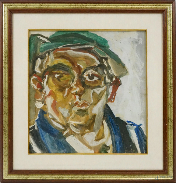 Ritratto d'uomo con cappello, olio su compensato, cm 40x40, XX secolo, entro cornice