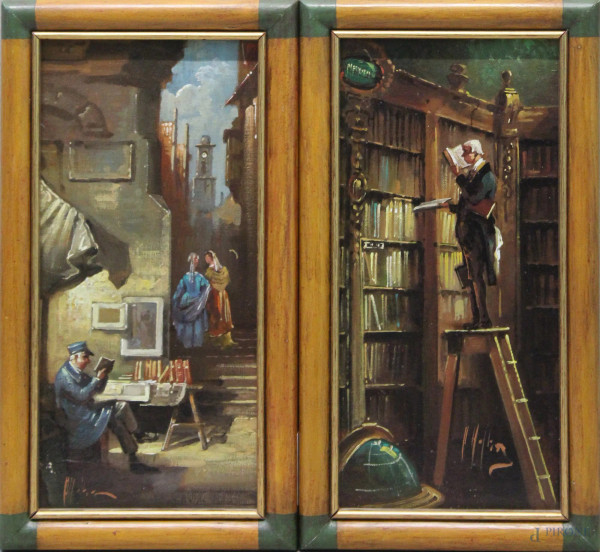 Scorcio di viale con figure e bibliotecario sulla scala, dipinto a tela riportato su cartone 24x11 cm entro cornice. 