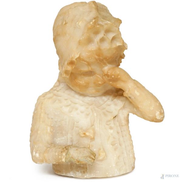 Attr. a Antonio Frilli (1830-1902), Bambina che piange, alabastro, cm h 27,5  (difetti, mano restaurata in gesso)