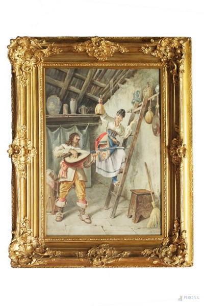 Belisario Gioja, Interno di taverna con suonatore di mandolino e fanciulla, acquarello su carta, cm  54 x 37, entro cornice.