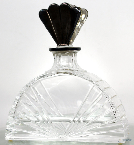 Bottiglia in cristallo con bordo ed applicazioni in argento, XX secolo, cm h 21,5, (difetti)