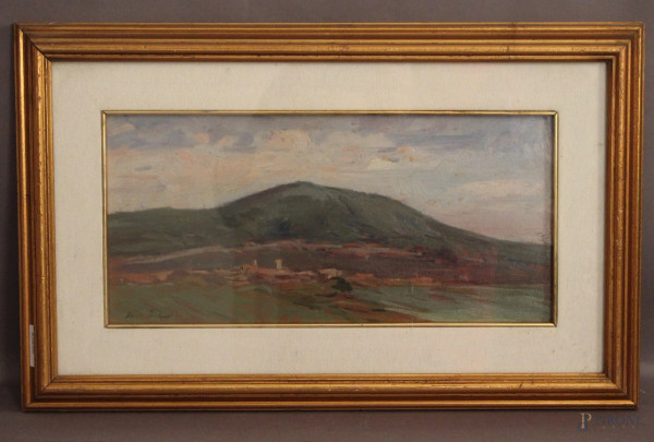 Adolfo Tommasi - Paesaggio maremmano, olio su tavola, cm 20 x 40, entro cornice.