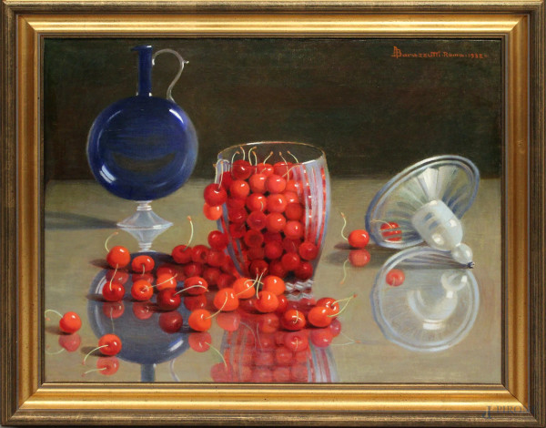 Arturo Barazzutti - Natura morta con ciliegie e vasellame, olio su tela, cm 50x65, datato 1932, entro cornice.