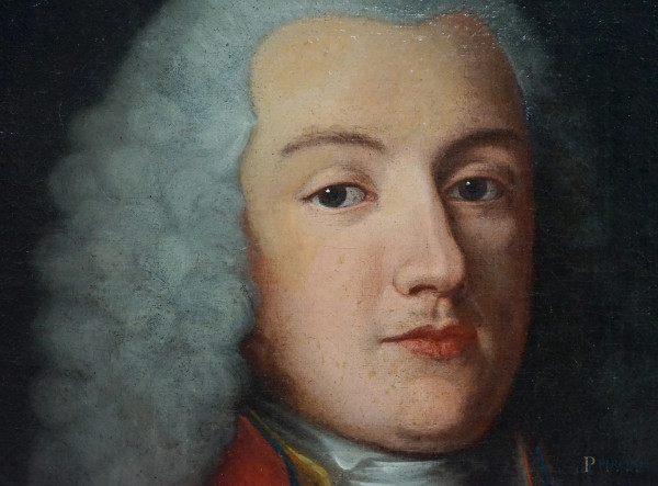 Pittore francese del XVIII secolo, Ritratto di gentiluomo con giubba rossa e lettera, olio su tel...