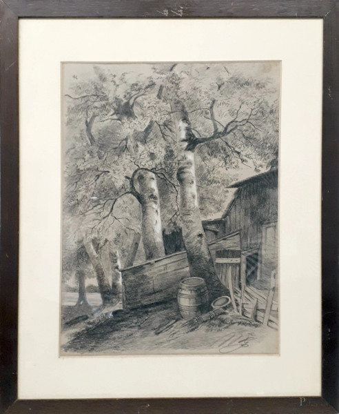 Artista del XIX secolo, Alberi e casolare, disegno a carboncino e rialzi in biacca, cm 43x32, firmato, entro cornice.