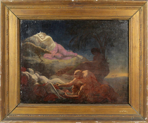 Diana e le ninfe sorprese dai satiri, olio su tela, cm 29,5x38, XIX secolo, entro cornice, (piccoli difetti e cadute di colore).