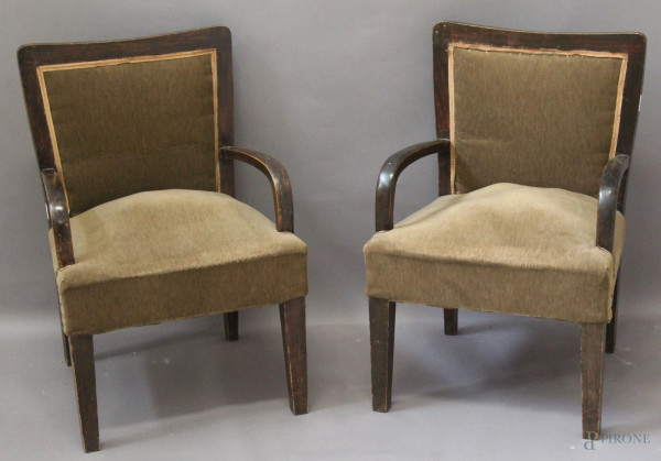 Coppia di poltroncine in legno rivestite in velluto verde, anni 50/60