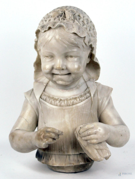 Busto di bambina, scultura in marmo, XIX secolo, altezza cm 41, (difetti e restauri)
