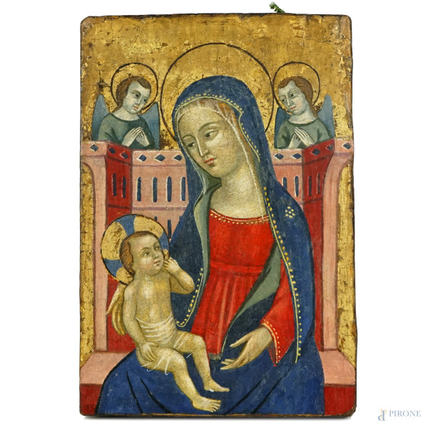 Madonna in trono con Bambino ed angeli, antica tempera su tavola, cm 27,5x18,5, (cadute di colore).