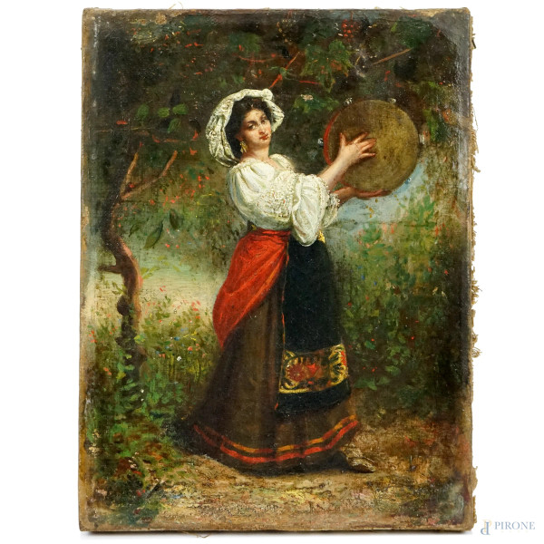 Popolana con tamburello, olio su tela, cm 29,5x21,5, XIX secolo, (difetti sulla tela).