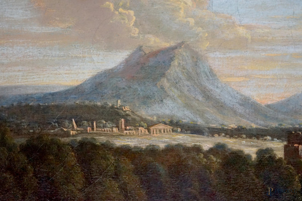 Bottega di Paolo Anesi (Roma, 1697 - Roma, 1773), Paesaggio con figure, armenti e rovine sullo sf...