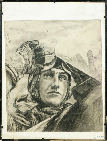 Ritratto d'aviatore, disegno a matita e carboncino su carta, cm 32,5x28, firmato e datato, entro cornice, (lievi difetti sulla carta).