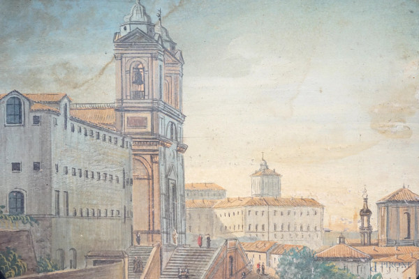 Quattro vedute di Roma ad assetto circolare, tempera su pergamena, diametro max cm 14.5, misura t...