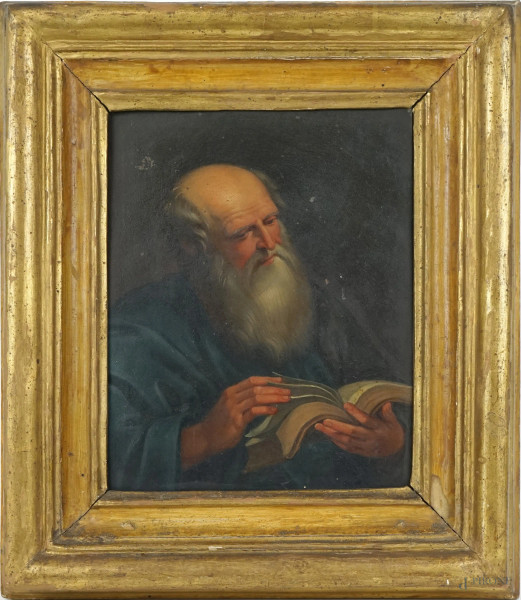 Santo in lettura, olio su rame, cm 25x18,5, XVIII secolo, entro cornice, (lievi difetti).