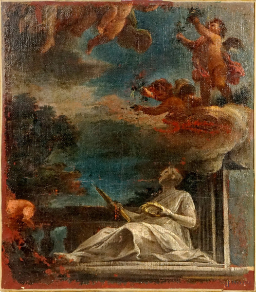 Pittore veneto del XVIII secolo, Scultura con cherubini, olio su tela, cm 35,5x31,5, (difetti).