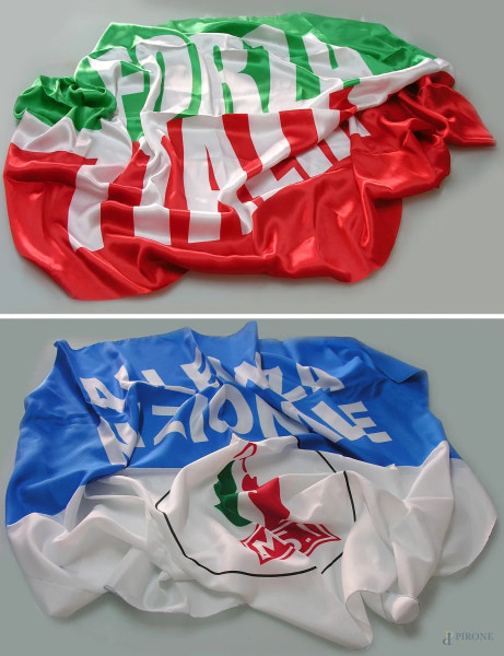 Coppia di bandiere vintage Forza Italia e Alleanza Nazionale, ciascuna cm 100x140
