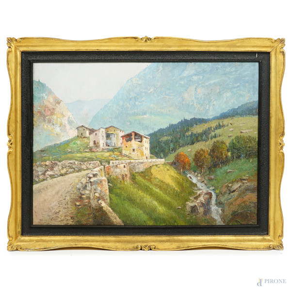 Cascata del Torrente, XIX secolo, olio su compensato, cm 50x70, entro cornice, (difetti)