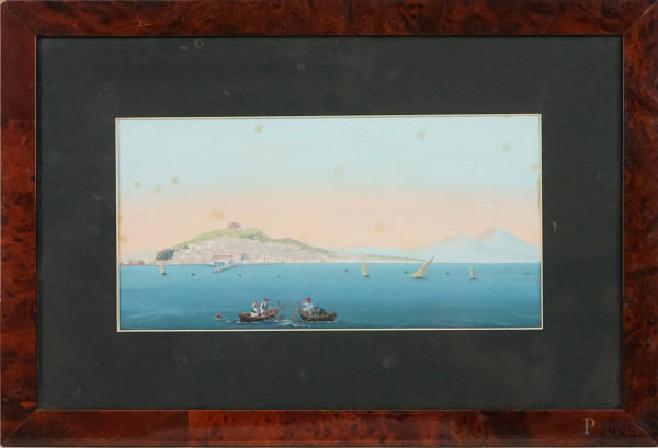 Veduta del Golfo di Napoli, gouache su carta, cm 17,5x34,5, XX secolo, entro cornice.